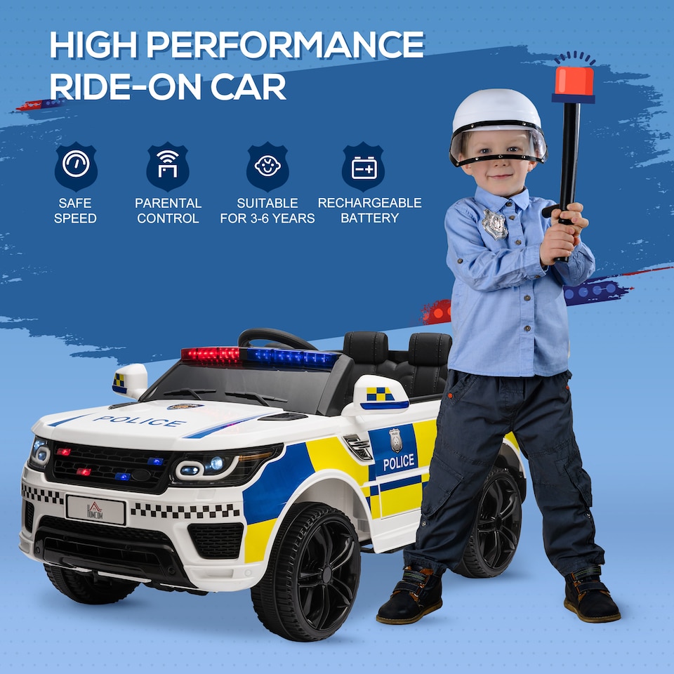 image 1 of HOMCOM 12V Electric Car for Kids, Ride on Police Car with 2 Motors, Remote Control, Siren Flashing Lights, Suspension, USB, Auxiliary Wheels, Pull handle, for 3-6 Years, White