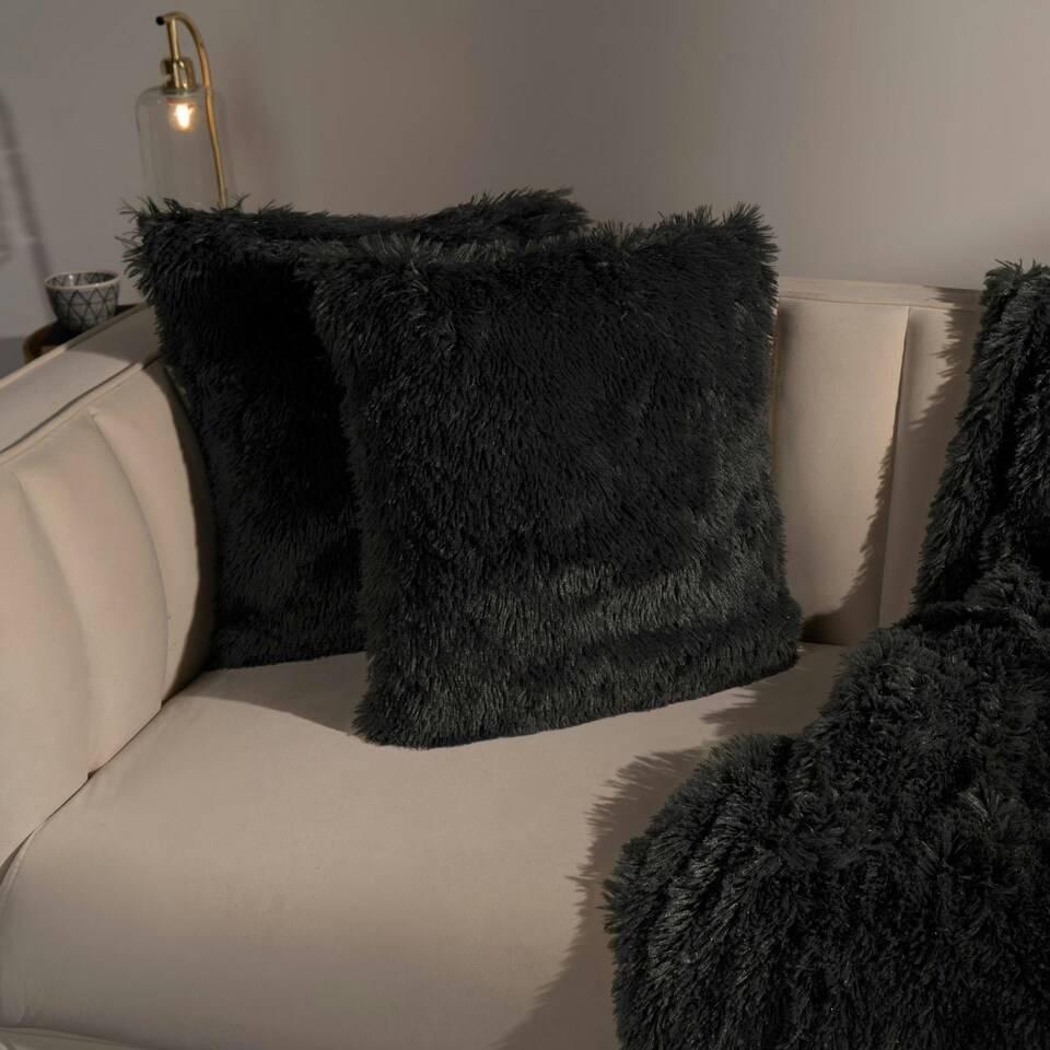 image 1 of OHS 2 x Fluffy Shaggy Soft Plush Cushion Covers, 45x45cm - Charcoal
