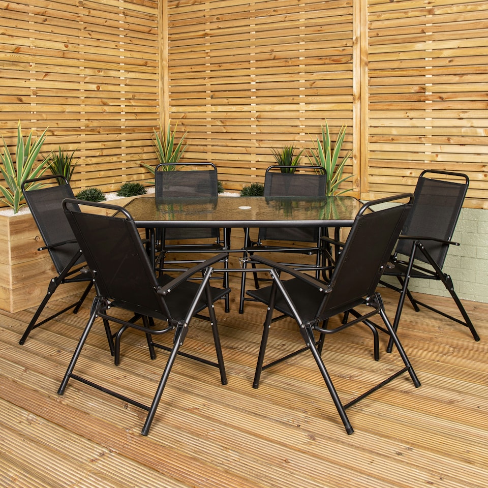image 1 of Samuel Alexander Outdoor 6 Seater Glass Top Table and Chairs Patio Set with Parasol in Black