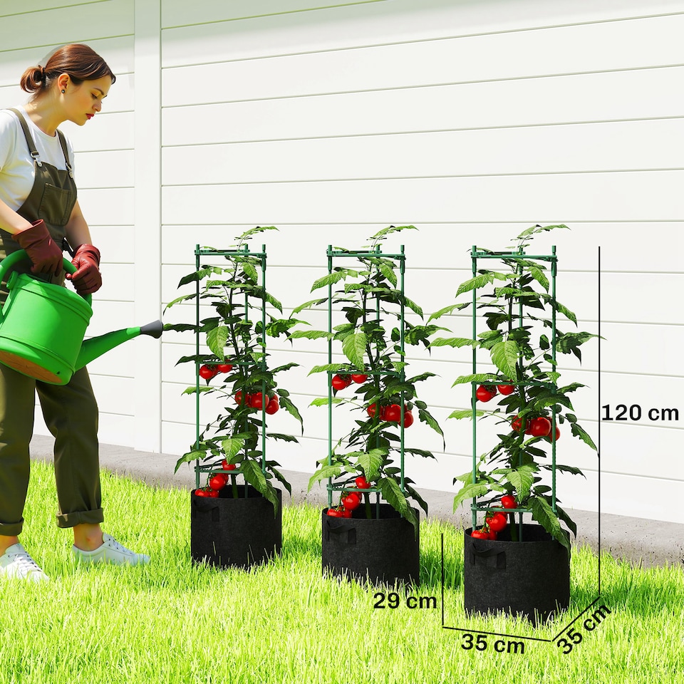 image 1 of Outsunny 3 Packs Tomato Cages with 83.7L Grow Bags, 120cm Plant Stakes | Green | Green