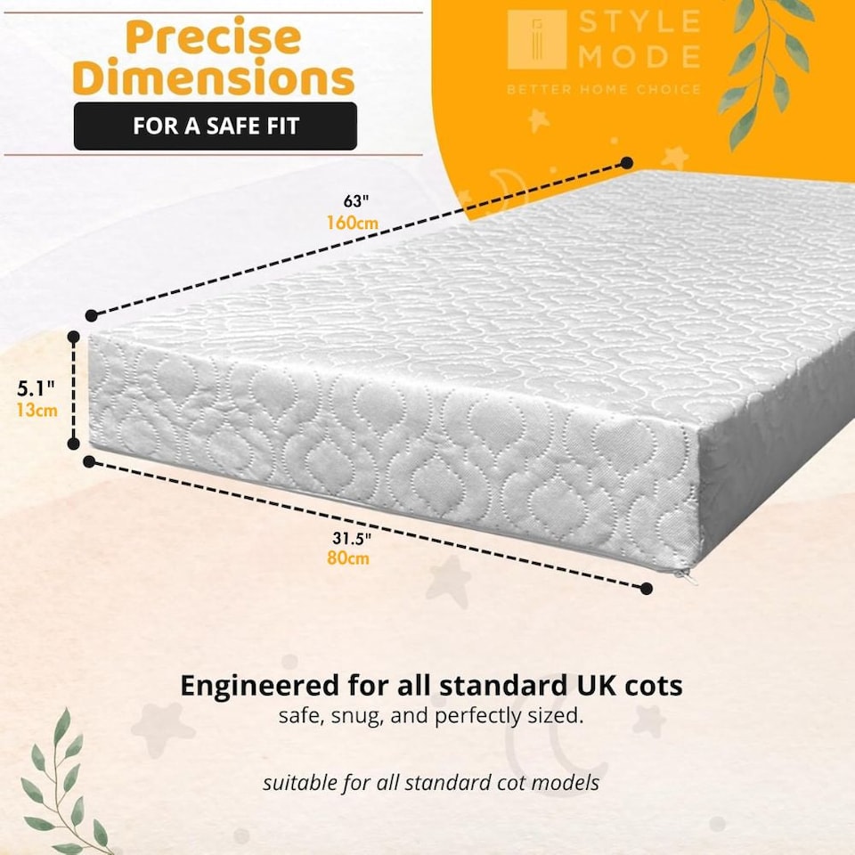 image 1 of Cot Bed Foam Mattress Breathable & Waterproof Zipped Removable Washable Cover, Anti Allergy, White (160 x 80)