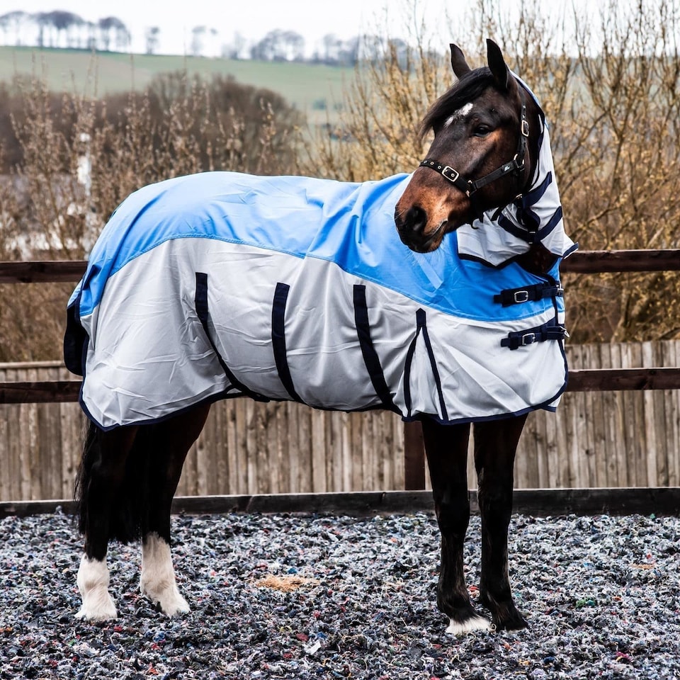 image 1 of eQuitack 600D 2 in 1 Waterproof Fly Turnout Mesh Horse Rug Fixed Neck Blue/Grey 6'6''