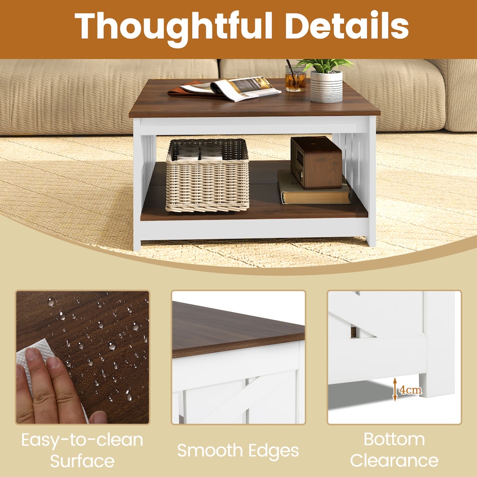 image 1 of COSTWAY Farmhouse Coffee Table Square Coffee Table White