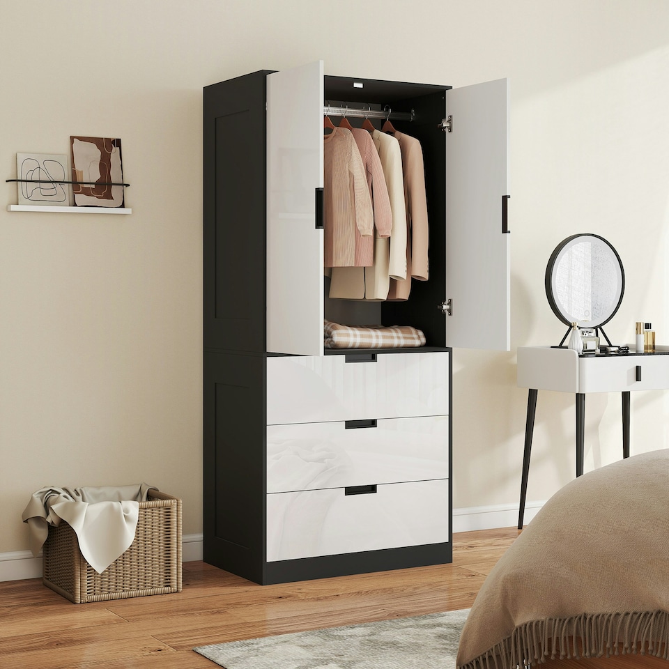 image 1 of HOMCOM Modern Wardrobe White Wardrobe with 3 Drawer and Hanging Rod White | Black