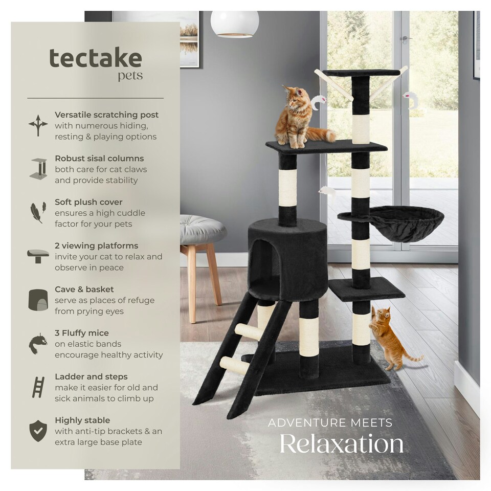image 1 of Cat Tree Dominik - 144 cm, sisal cat scratching post, mice & anti-tip protection - Black