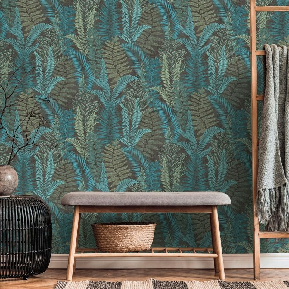 image 1 of AS Creation Famous Garden Fern Textured Wallpaper - Blue/Green/Black - One Size Blue