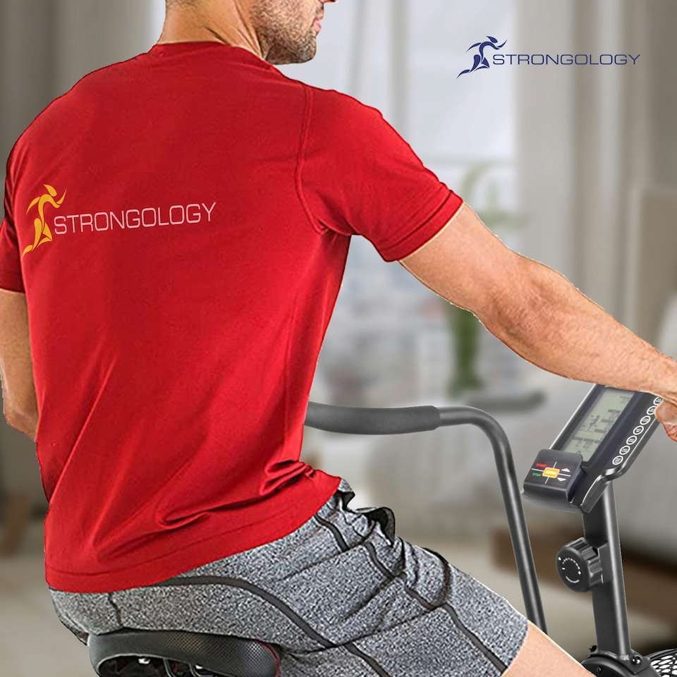 image 1 of Strongology TITANIUM Assault Bike Adjustable Resistance Dual Belt Magnetic 24” Fan Professional Air Bike with Clear LCD Display