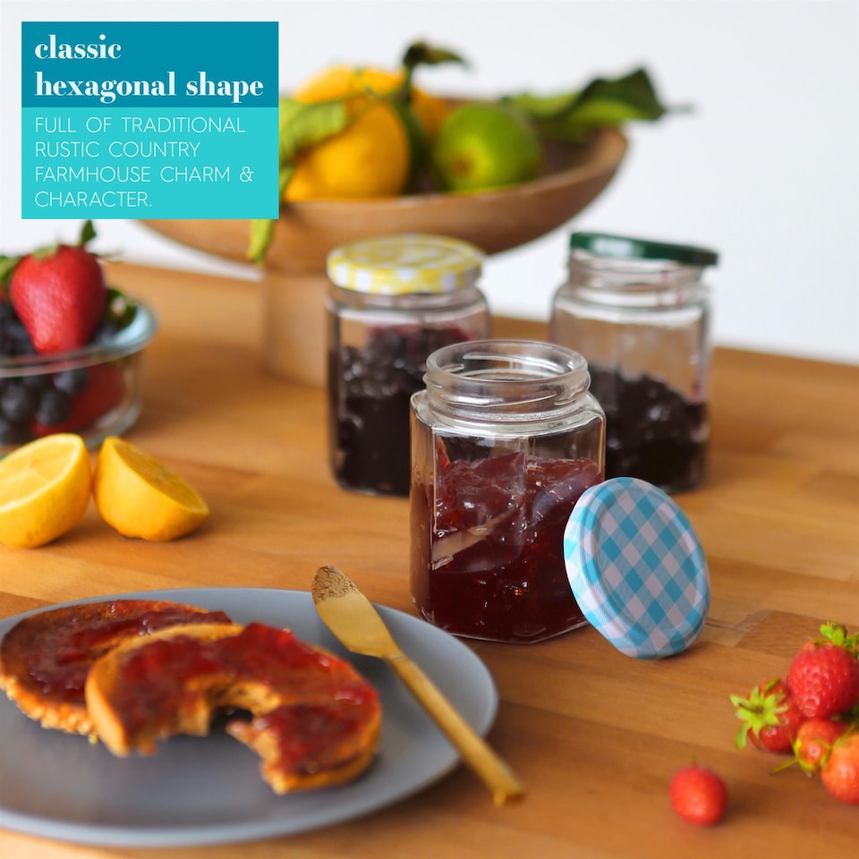 image 1 of Argon Tableware Hexagonal Glass Jam Jars with White Lids - 250ml - Pack of 6