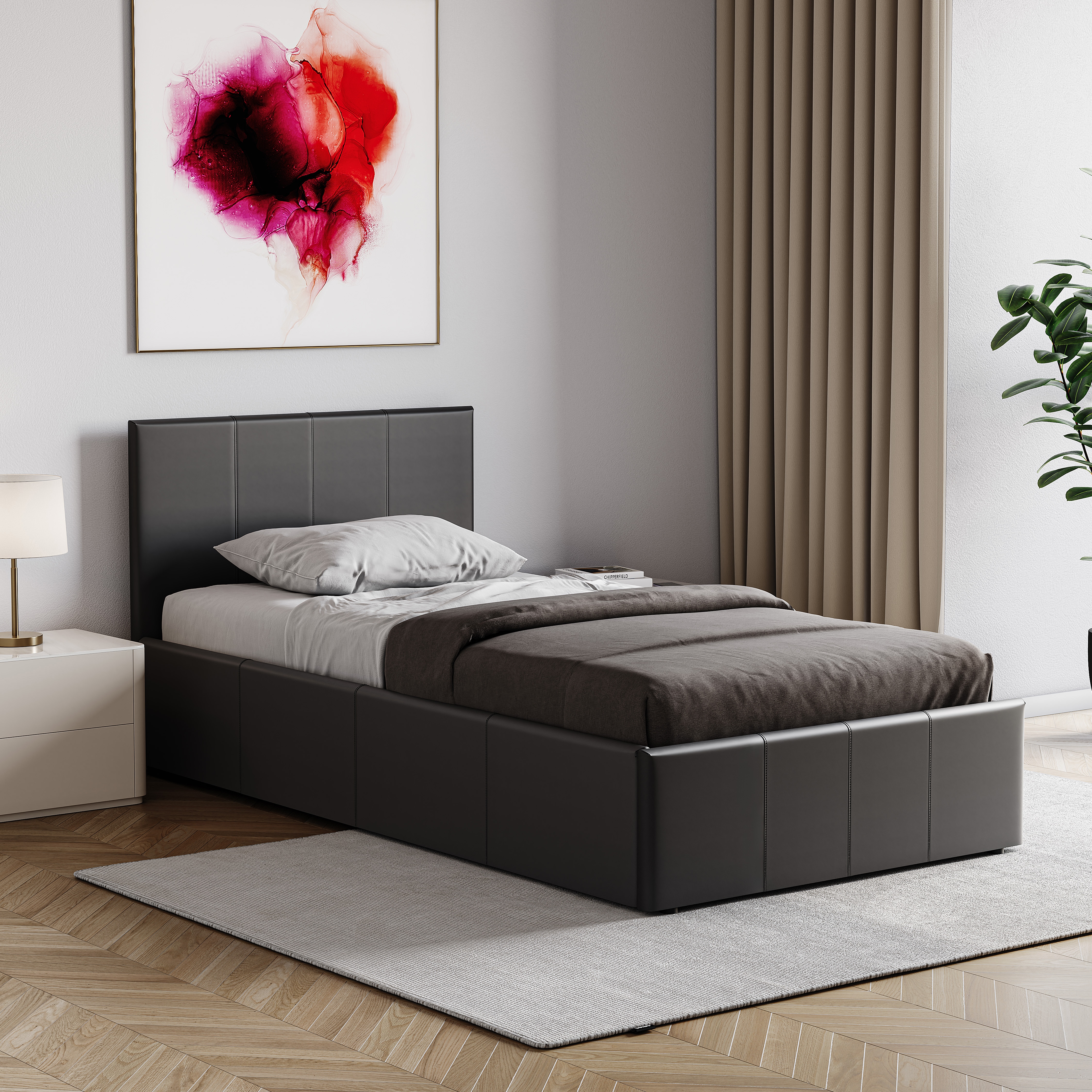Vida Designs Lisbon 3ft Single Ottoman Bed Storage Faux Leather, Black, 90 x 190cm