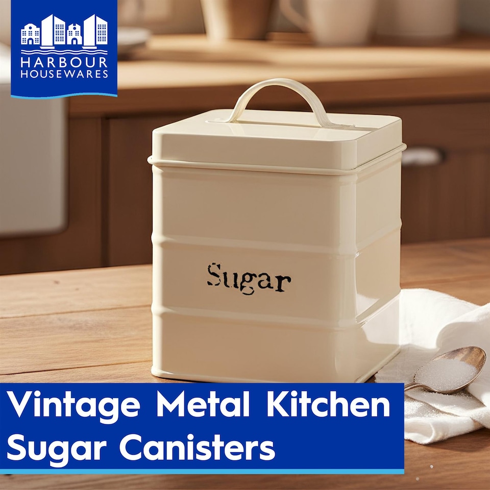 image 1 of Harbour Housewares Metal Kitchen Canister Set - 5pc Vintage Retro Food Storage Canister Caddy Container Bread Bin | Cream | Cream