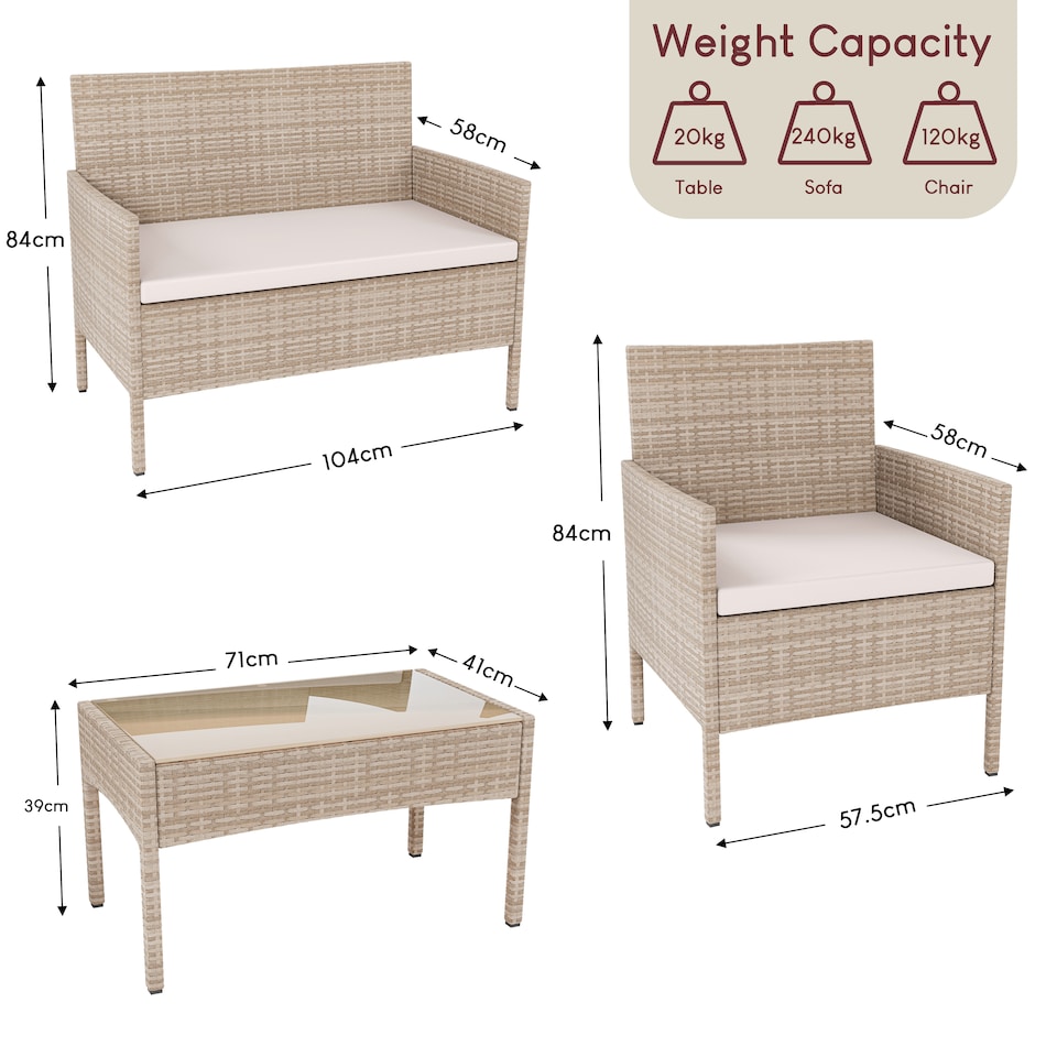 image 1 of Garden Vida Kendal 4 Seater Rattan Set Chair Sofa Coffee Table Outdoor Garden Furniture, Natural