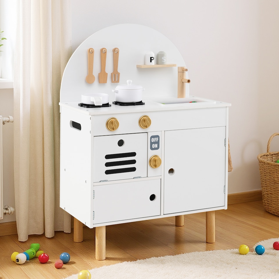 image 1 of COSTWAY Pretend Play Kitchen Wooden Kitchen Playset with Stoves White