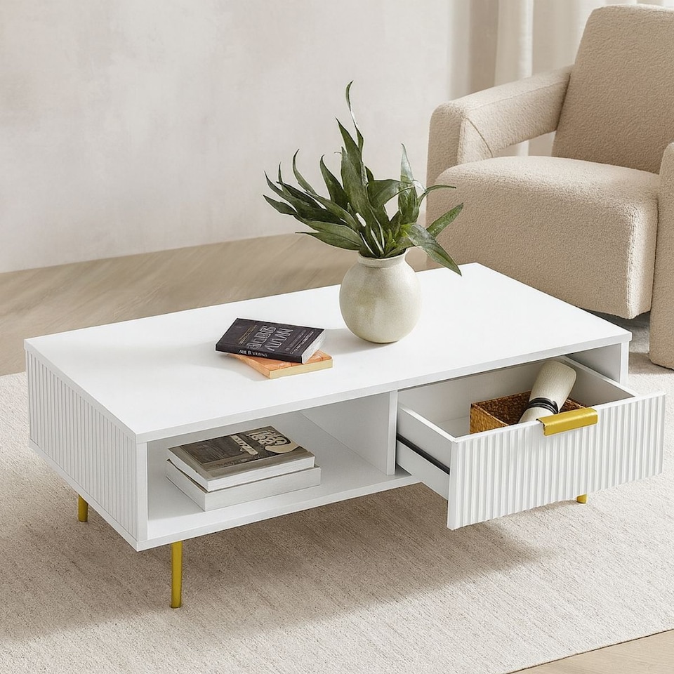 image 1 of Modern White Coffee Table with Storage, Gold Metal Legs and Handles, Stylish Centre Table for Living Room and Lounge