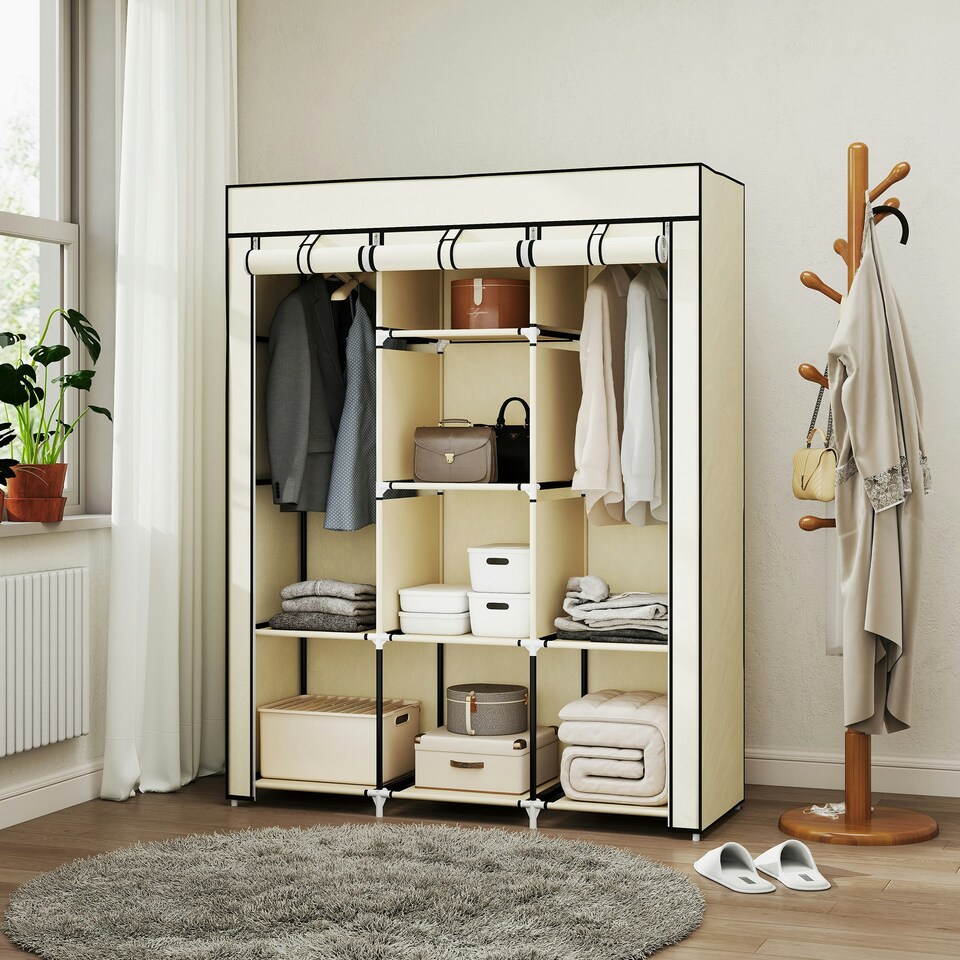 image 1 of HOMCOM Fabric Portable Wardrobe with 8 Shelves 2 Hanging Rails, Cream White Cream