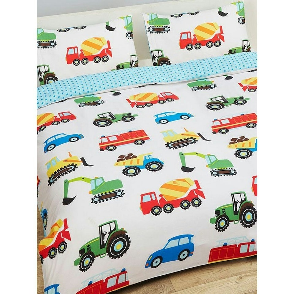 image 1 of PriceRightHome Childrens/Kids Trucks & Transport Duvet Cover Set - White/Blue/Red - Single | White | Single
