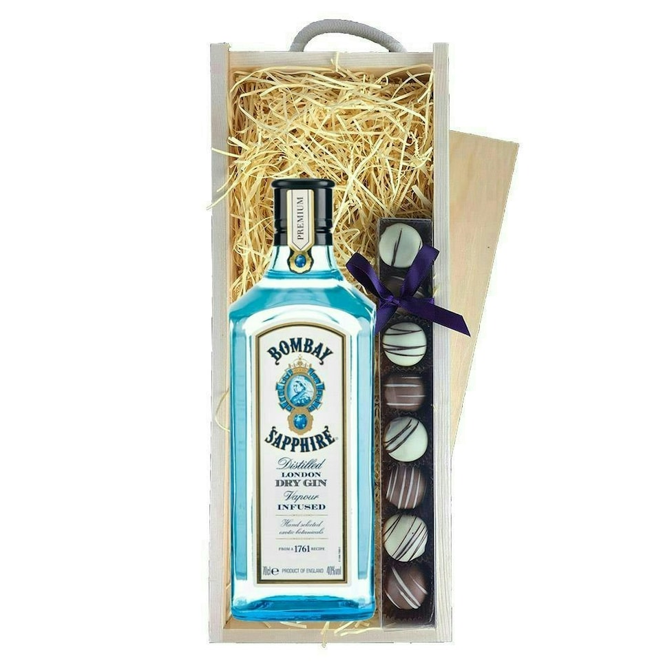 image 1 of Bombay Sapphire London Dry Gin & Truffles, Wooden Box 70cl 40 abv