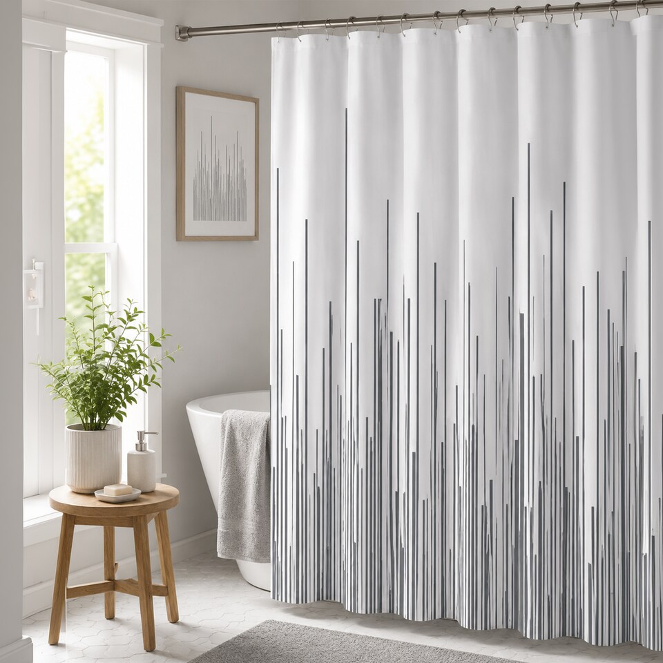 image 1 of Showerdrape City White & Grey Shower Curtain | Grey | Charcoal | 1