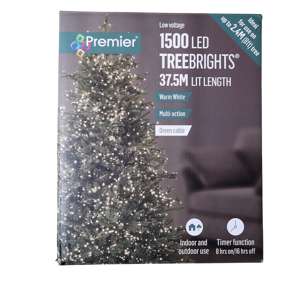 image 1 of 1500 LED 37.5m Premier TreeBrights Indoor Outdoor Christmas Multi Function Mains Operated String Lights with Timer in Warm White