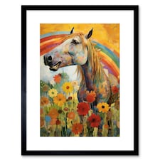 Girls Bedroom Nursery Rainbow Horse Flowers 9x7" Black Framed Wall Art Print
