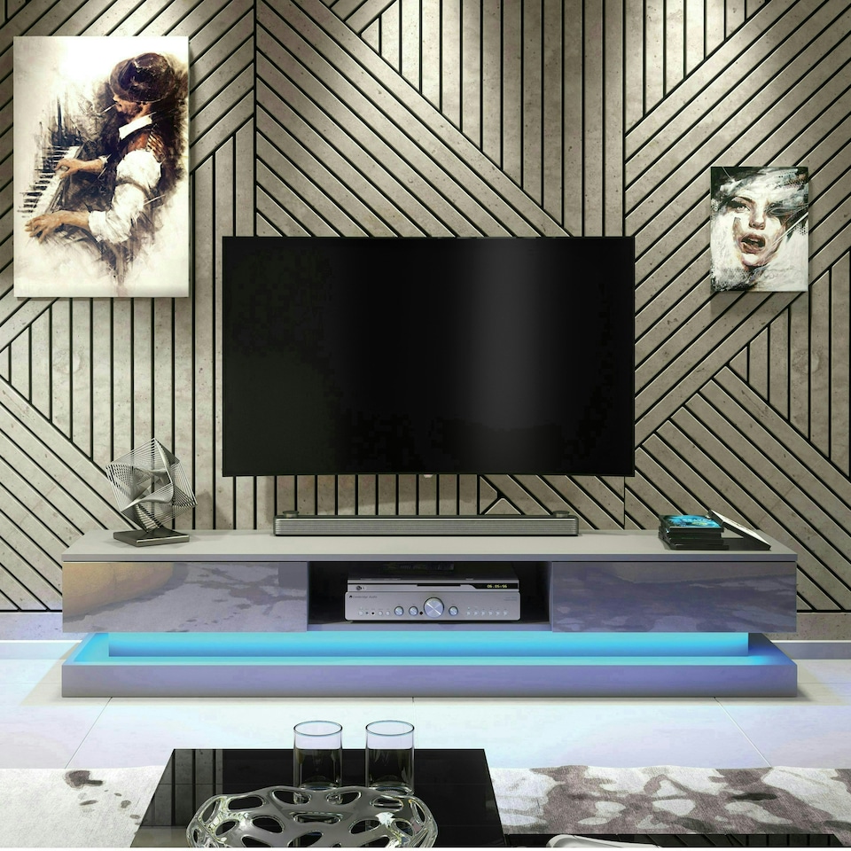 image 1 of TV Unit 180cm Grey Gloss Fronts Grey Matt Body with LED Platform Grey