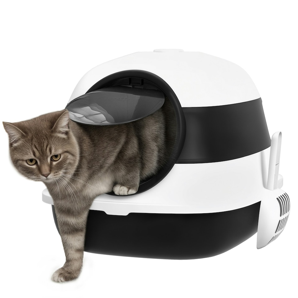 image 1 of PawHut Foldable Cat Litter Tray Hooded Cat Litter Box w/ High Side, Black
