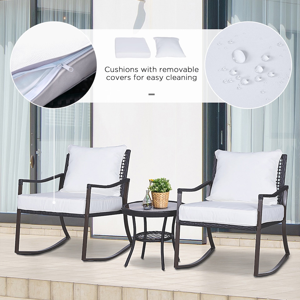 image 1 of Outsunny Rattan Bistro Set, 3 Pieces Wicker Garden Furniture Set with Rocking Chairs and Round Glass Top Coffee Table, Small Balcony Furniture with Cushions for Outdoor, Porch, Brown
