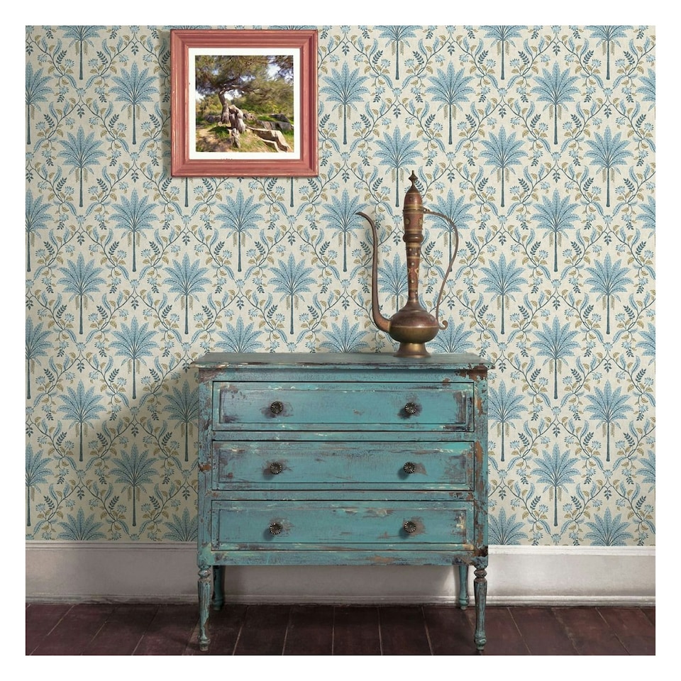 image 1 of Holden Décor Eastern Horizons Palm Trellis Wallpaper - Blue - 10m x 53cm | Blue