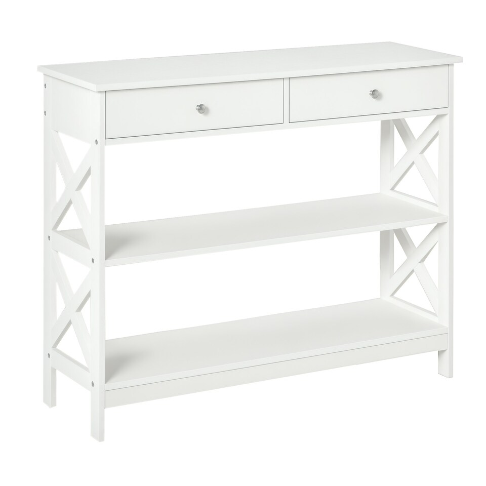 image 1 of HOMCOM Console Table Side Desk Shelves Drawers Open Top X Support Hallway White White | White