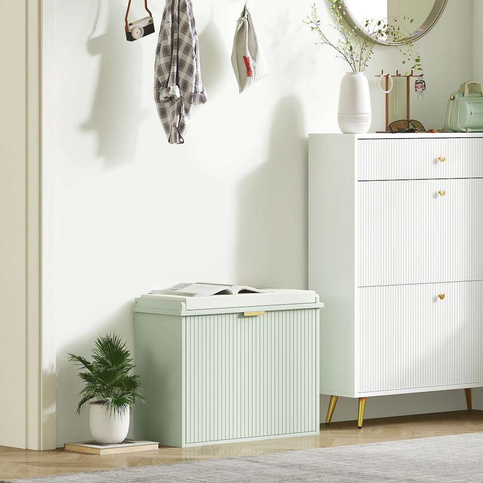 image 1 of HOMCOM Shoe Bench with Padded Seat Cushion and Flip-Drawer, Shoe Cabinet Holds up to 120kg for Hallway, Entryway and Porch, 62x26x47.5cm, Green | Green | Green