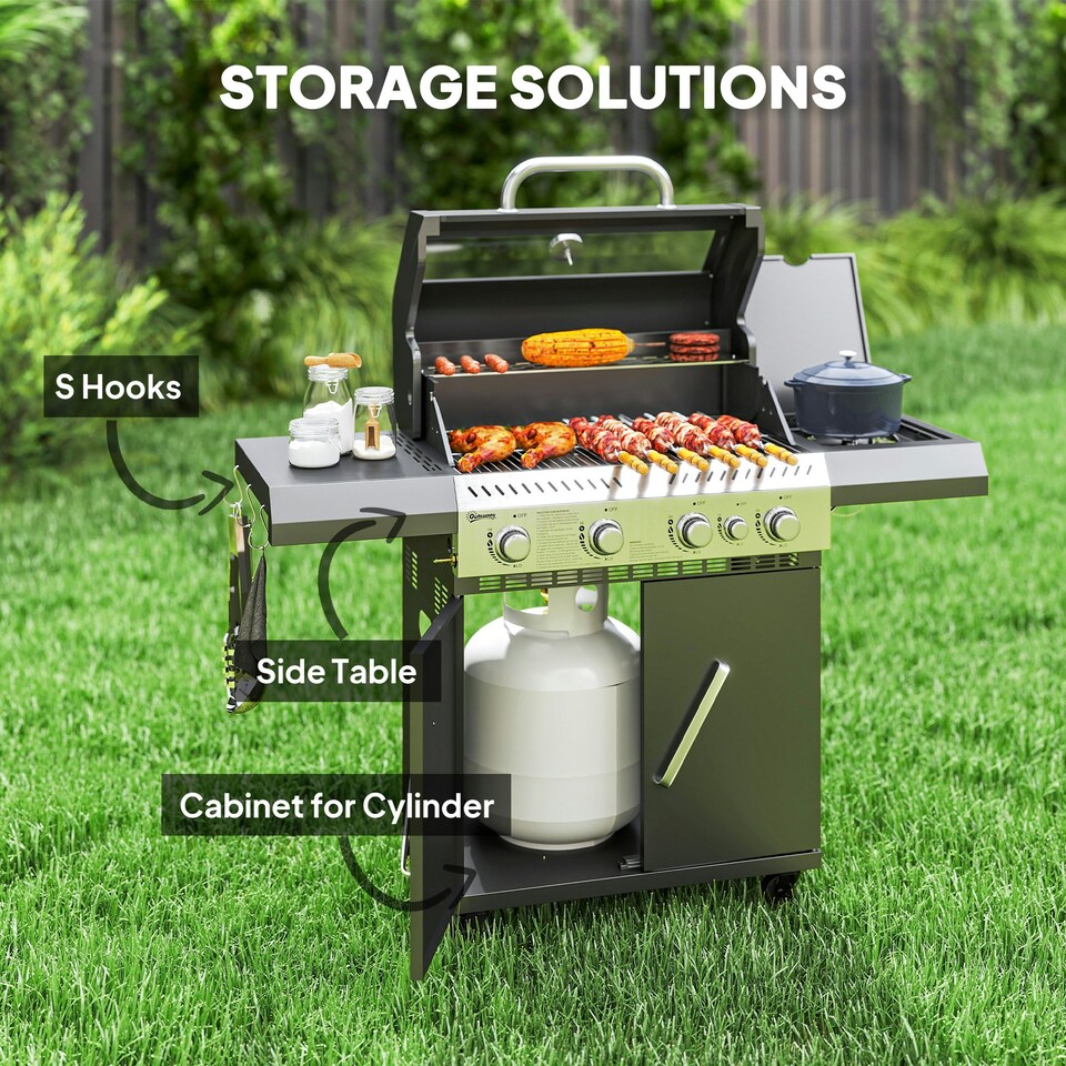 image 1 of Outsunny 4+1 Burner Gas BBQ Grill with Clear View Lid, Thermometer, Black