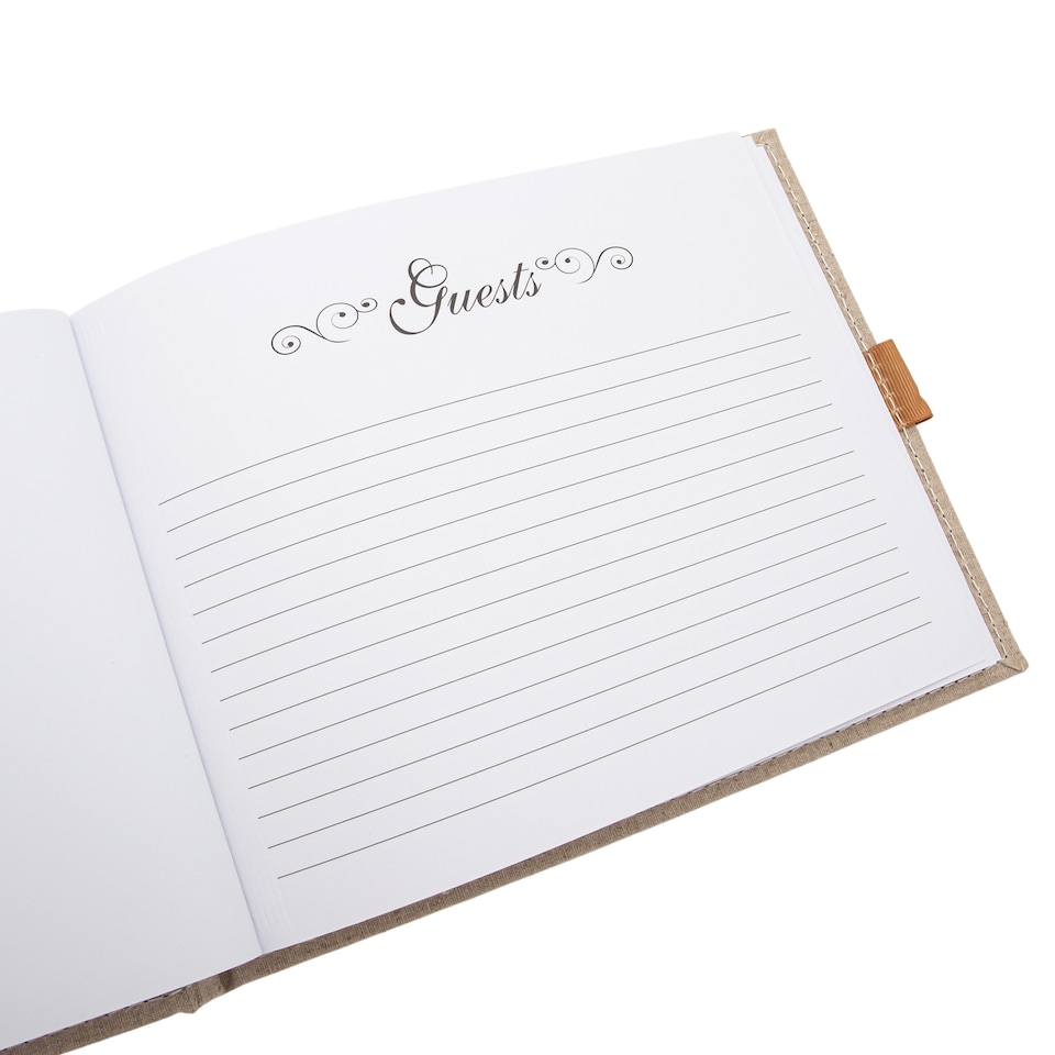 image 1 of Natural Linen Fabric Wedding Day Guest Book with Shiny Gold Rings