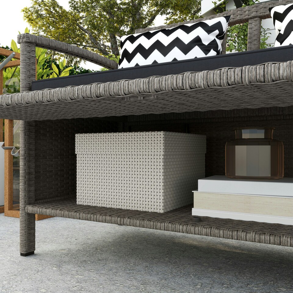 image 1 of Outsunny 160L Rattan Garden Storage Bench, Cushioned Outdoor Bench, Grey Grey