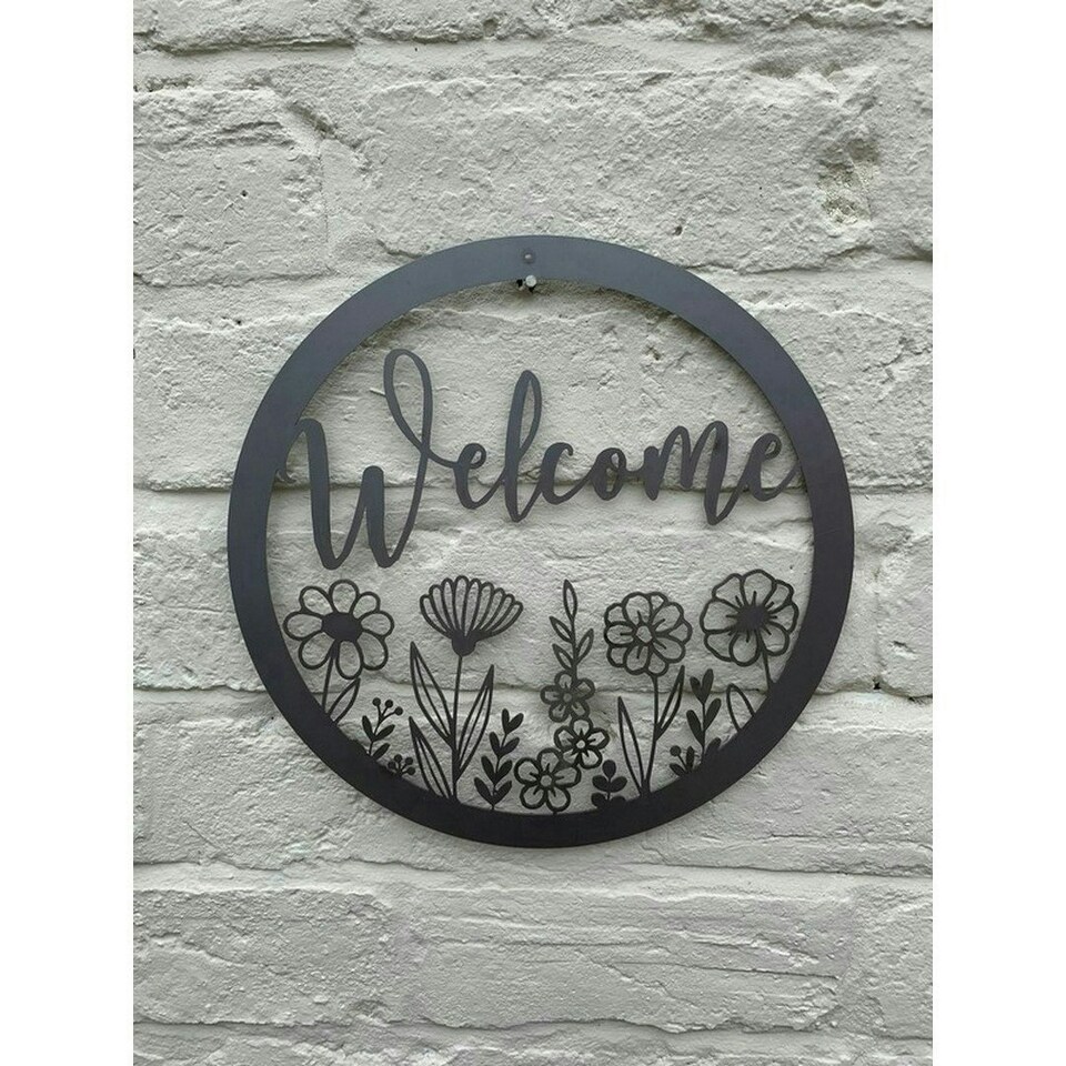 image 1 of Wildflower Round Welcome Small Garden Wall Art - L29.5 x H29.5 cm - Black