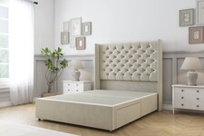 Sloomy Dior Cream Plush Divan Bed Base No Drawers With 54 Inch Wingback Headboard | Cream | Cream | Small Double | 1