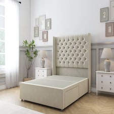 Sloomy Dior Cream Plush Divan Bed Base No Drawers With 54 Inch Wingback Headboard | Cream | Cream | Small Double | 1