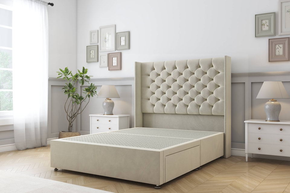 image 1 of Sloomy Dior Cream Plush Divan Bed Base No Drawers With 54 Inch Wingback Headboard | Cream | Cream | Small Double | 1