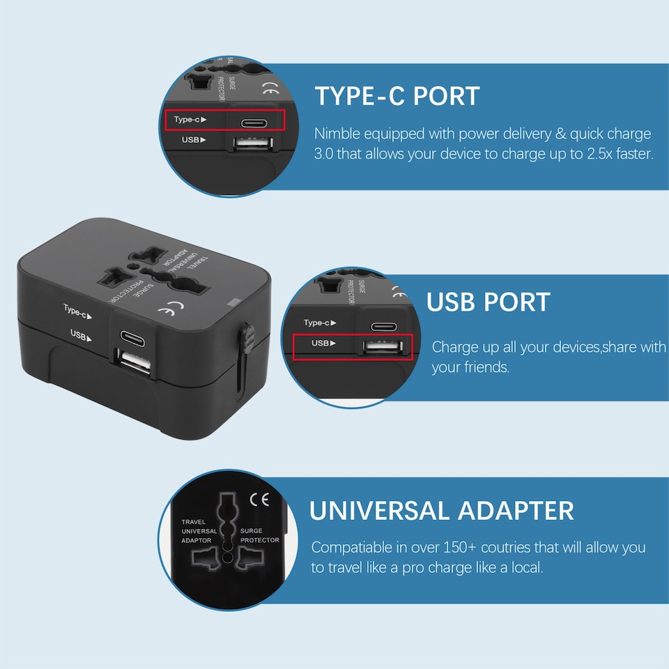 image 1 of Groundlevel Universal Power Adapter Travel Plug With Type C and USB Ports