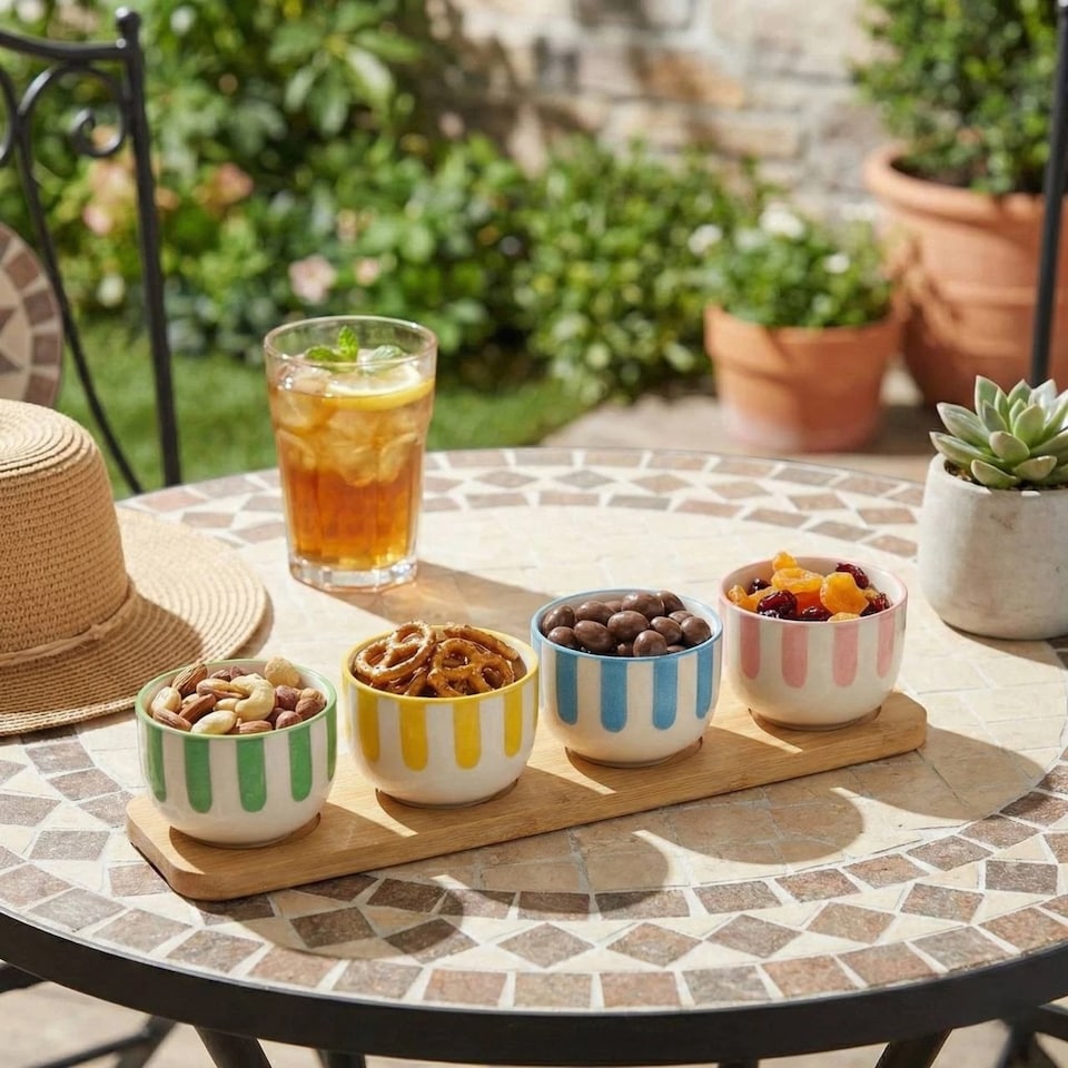 5pc Porcelain Bowl Set with Bamboo Tray | Multi | Multicoloured