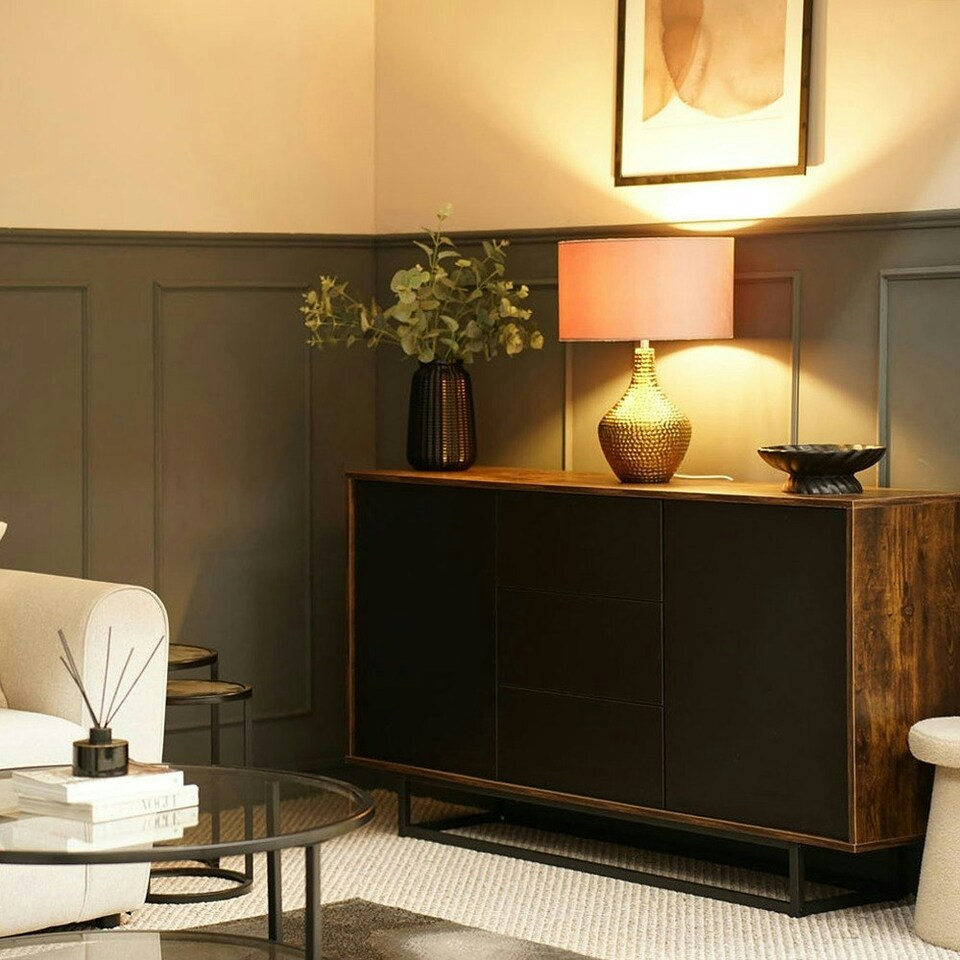 image 1 of ValueLights Bailey Polished Gold Table Lamp with Medium Pink Drum Shade and LED Bulb
