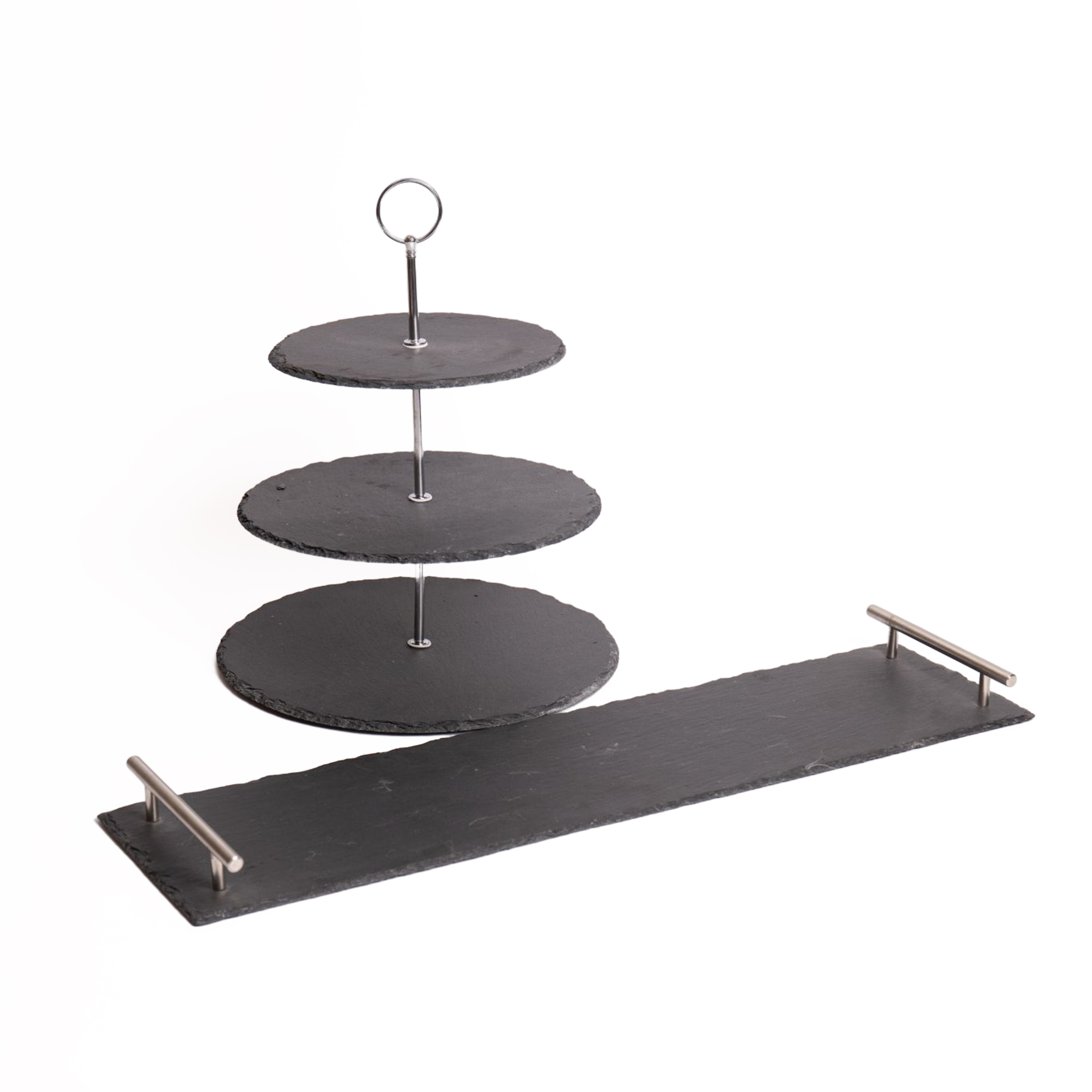 Artesa 2pc Slate Serving Set with Appetiser Slate 3-Tier Serving Stand & Rectangular Serving Platter with Handles in Black