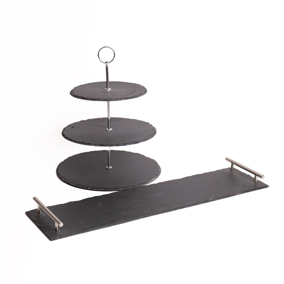 image 1 of 2pc Slate Serving Set with Appetiser Slate 3-Tier Serving Stand and Rectangular Serving Platter with Handles | Black