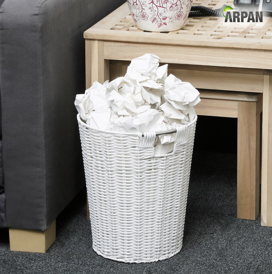 image 1 of White Resin Round Waste Paper Bin – Strong Woven Storage Basket Rubbish Bin for Home, Office, Hotel, Bedroom & Bathroom