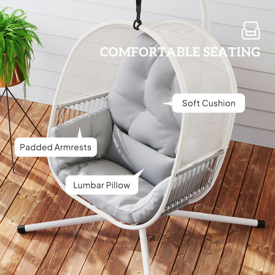 image 1 of Outsunny Hanging Egg Chair w/Stand & Cushions, Dark Grey Grey | Light Grey