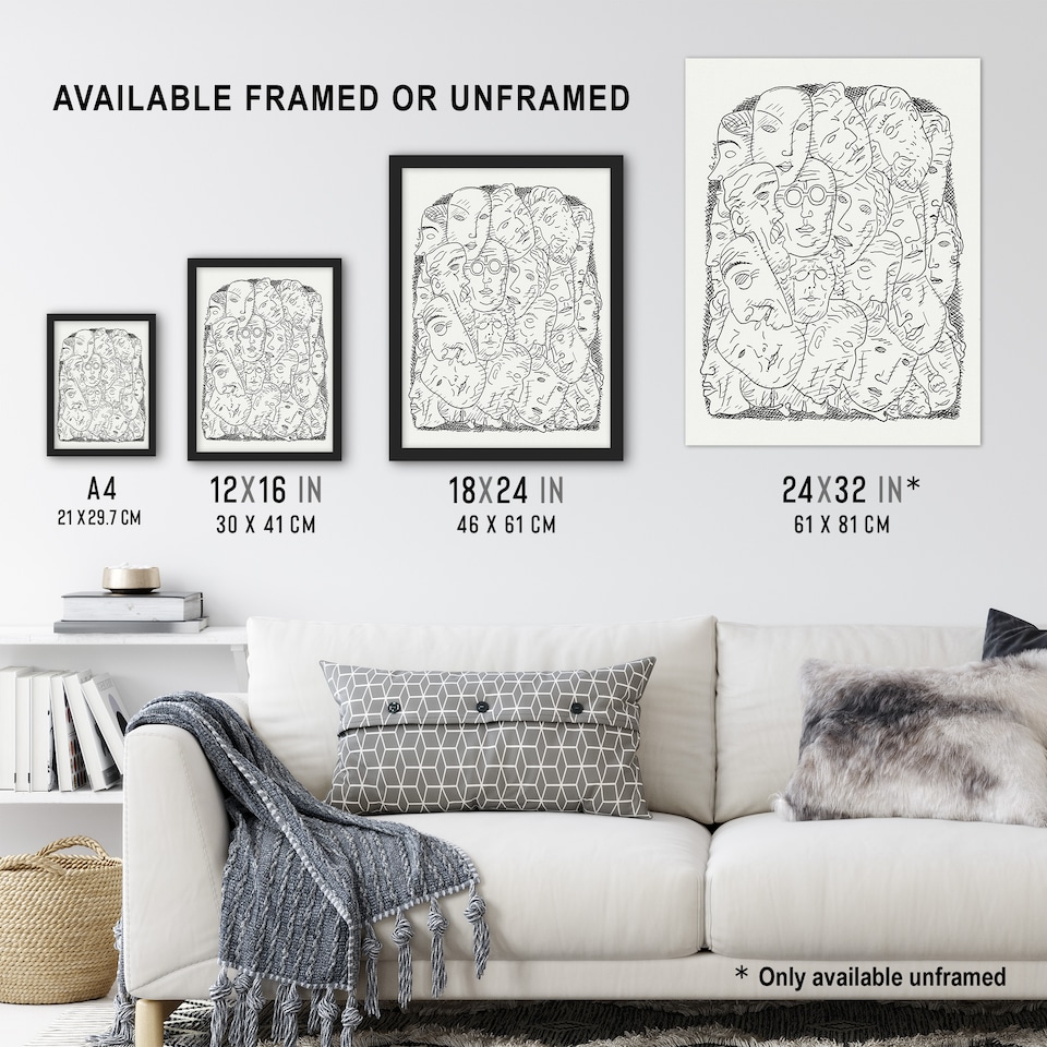 image 1 of Maskers Masks Black And White Drawing Gestel Wall Art Poster Print