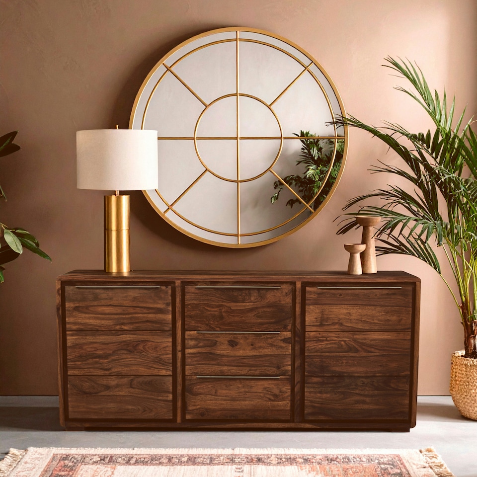 image 1 of Interiors by Premier Two‑Door Three‑Drawer Sheesham & Acacia Sideboard, Solid Natural Wood Buffet Cabinet Brown