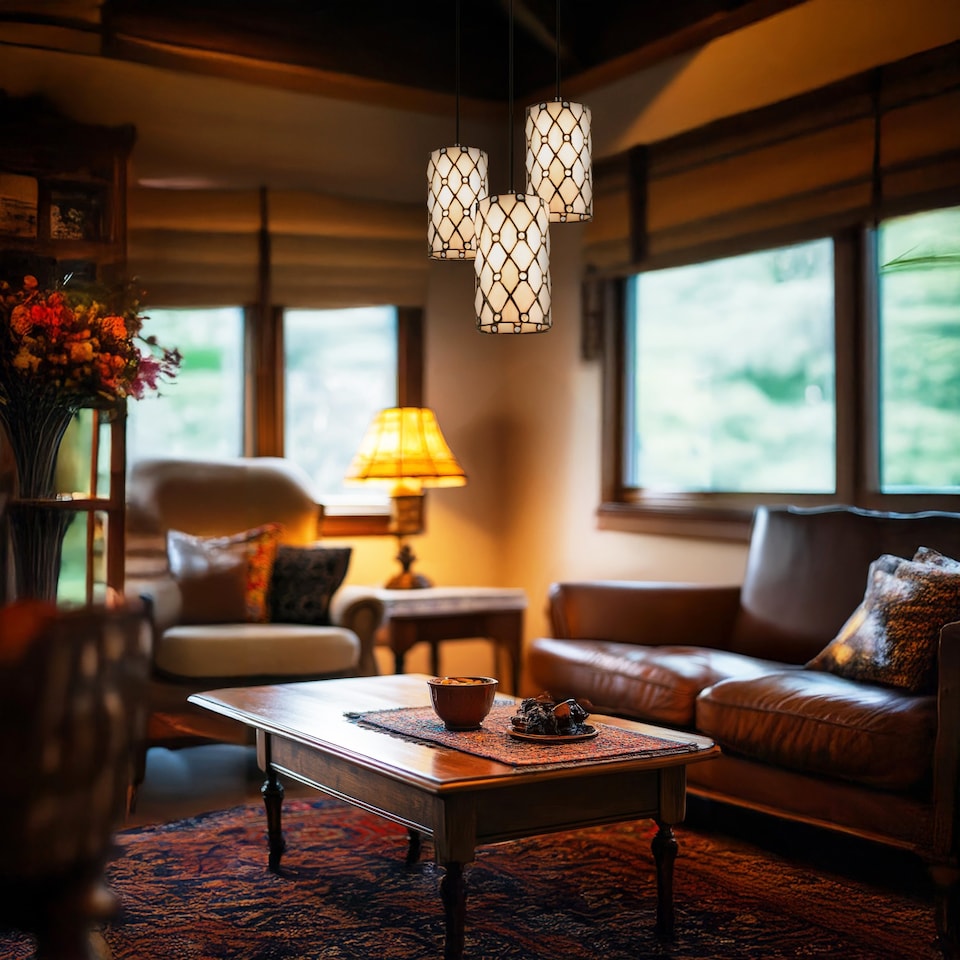 image 1 of Traditional Cream Amber Tiffany Glass Pendant Lamp Shade with Small Clear Beads | Orange