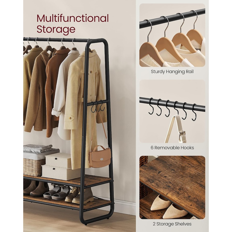 image 1 of Garment Rack with Shelves and Hooks, Bedroom Clothes Rail Storage Unit, Rustic Brown and Black