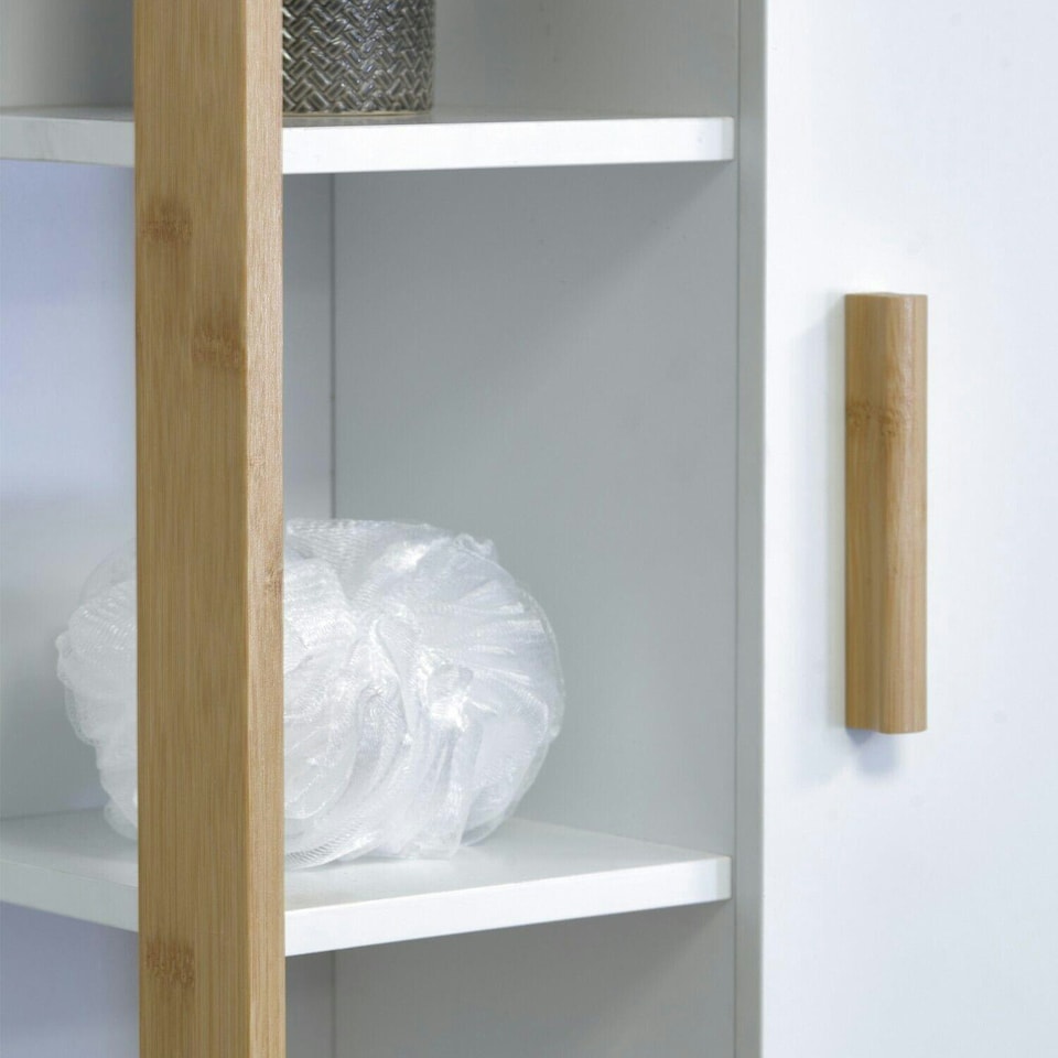 image 1 of Showerdrape Cassino Matt White & Bamboo Wall Bathroom Cabinet with Display Shelves