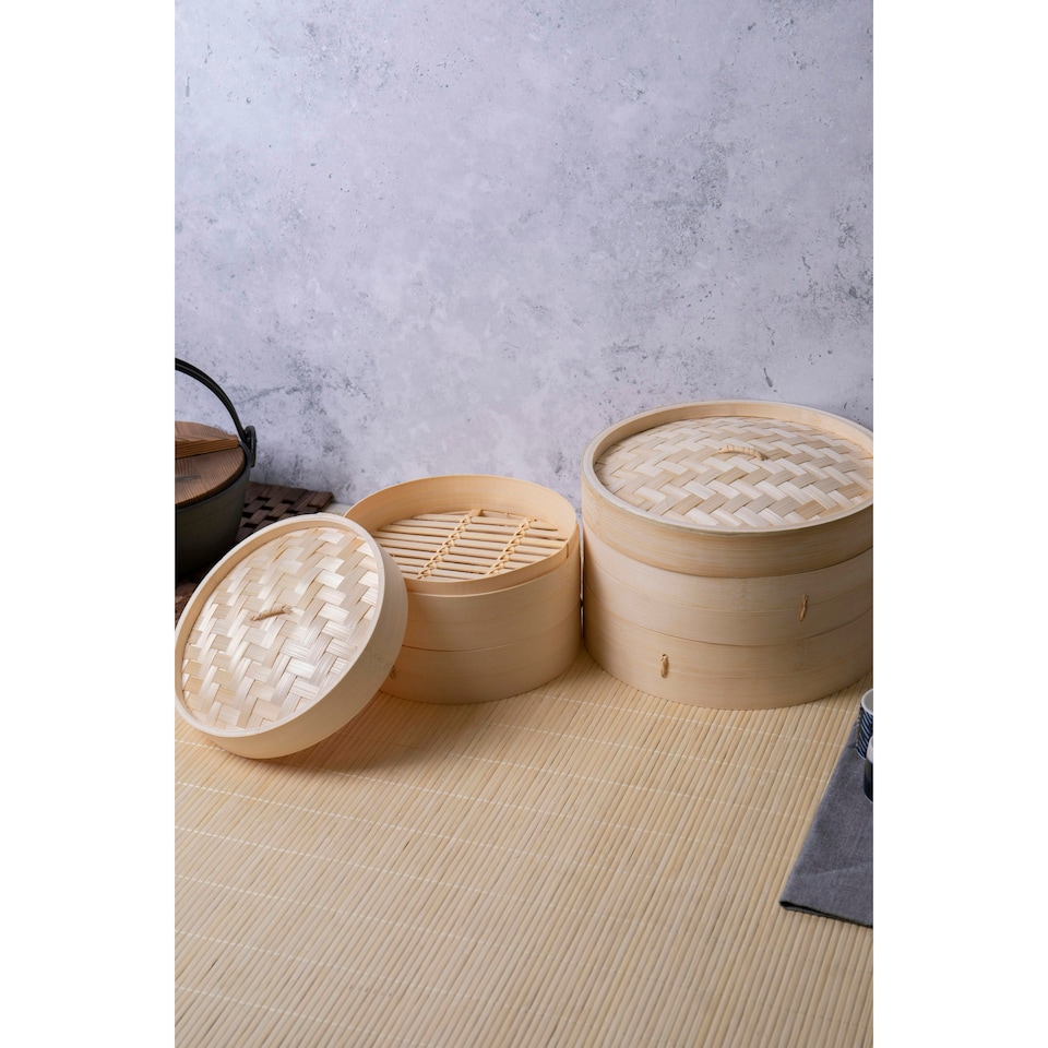 image 1 of KitchenCraft Steaming Basket Wood Bamboo 2 Tier 25cm