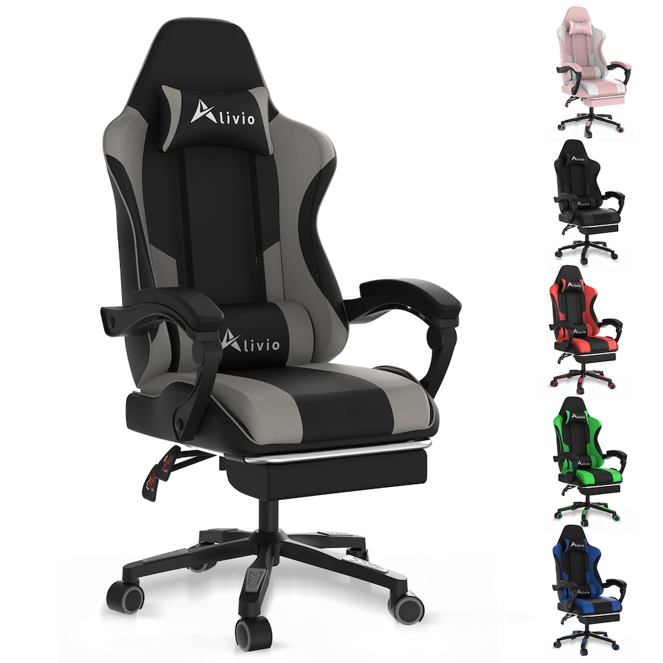 image 1 of Alivio Ergonomic Gaming Chair with Massage Lumbar Cushion & Retractable Footrest, PU Leather Video Game Chair (Grey)